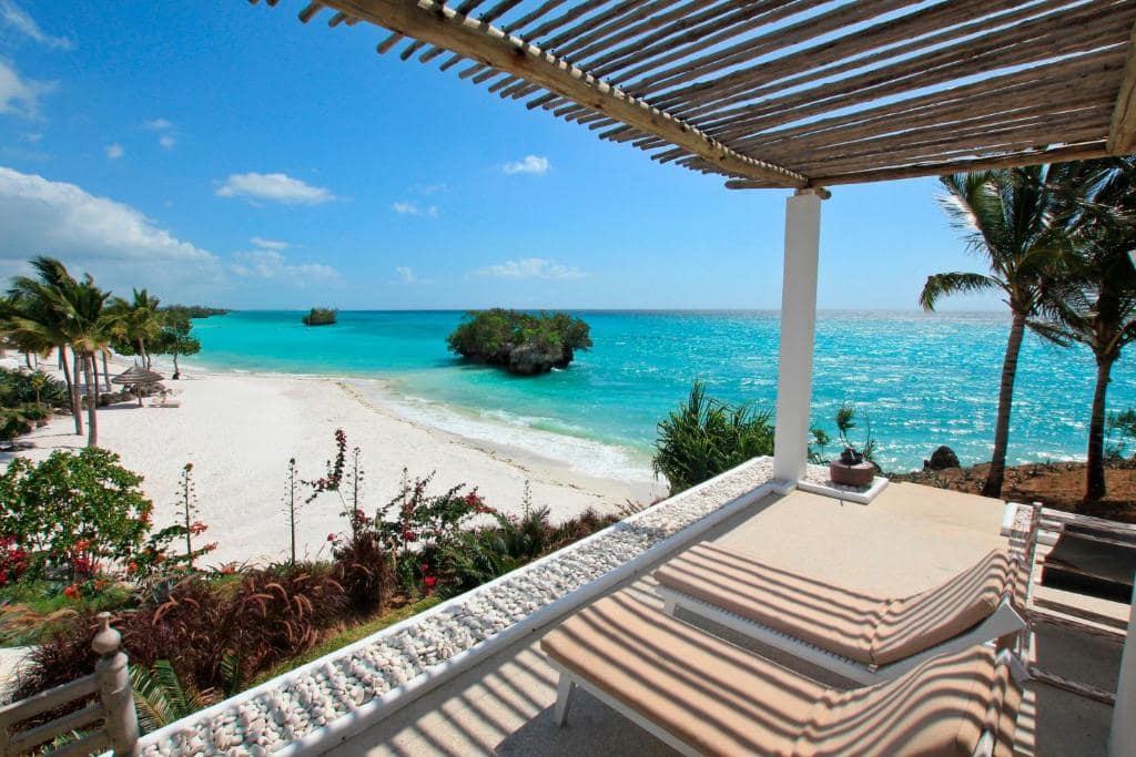 A beachfront terrace overlooking the turquoise water off Pemba Island